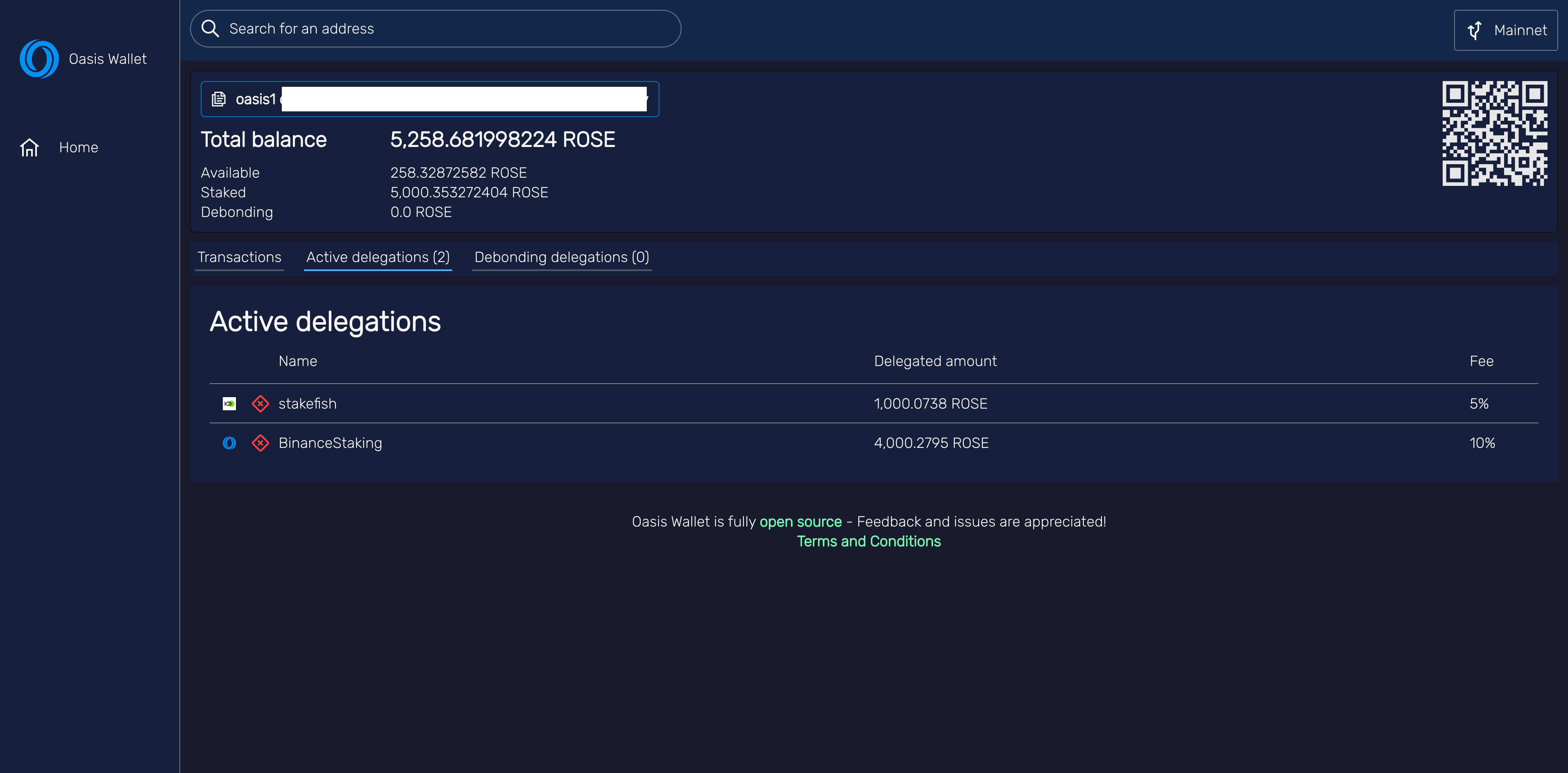 Account details of searched oasis1 address in Official Web Wallet