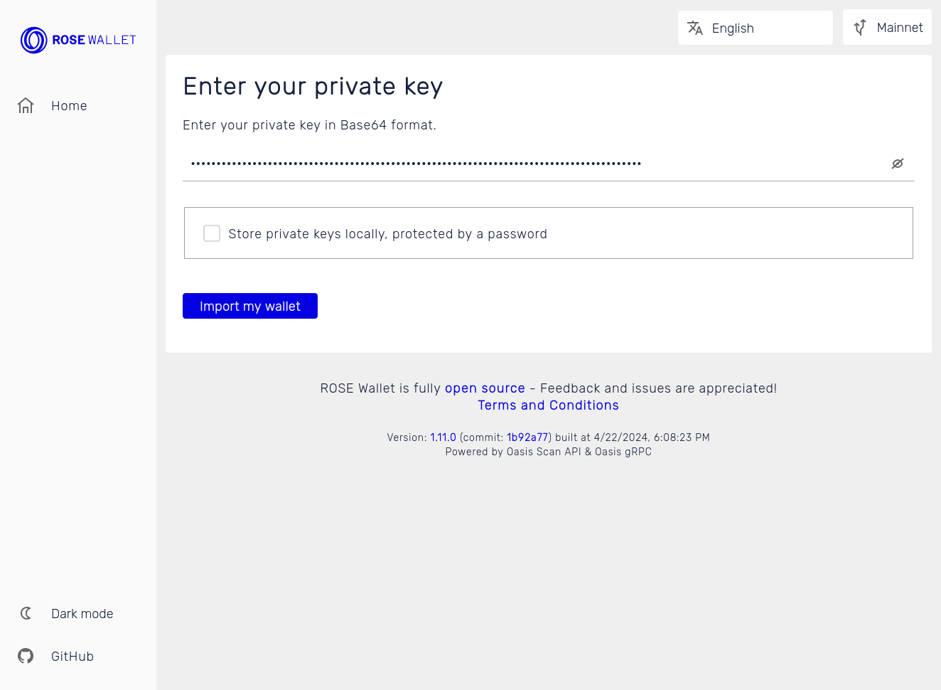 Open Wallet via Private Key