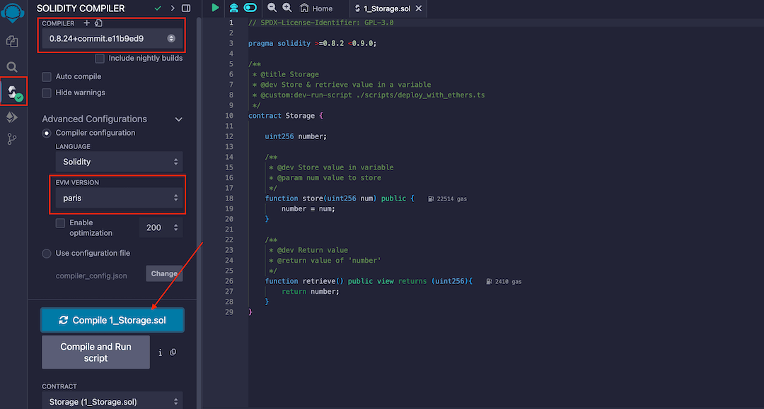 Solidity compiler tab