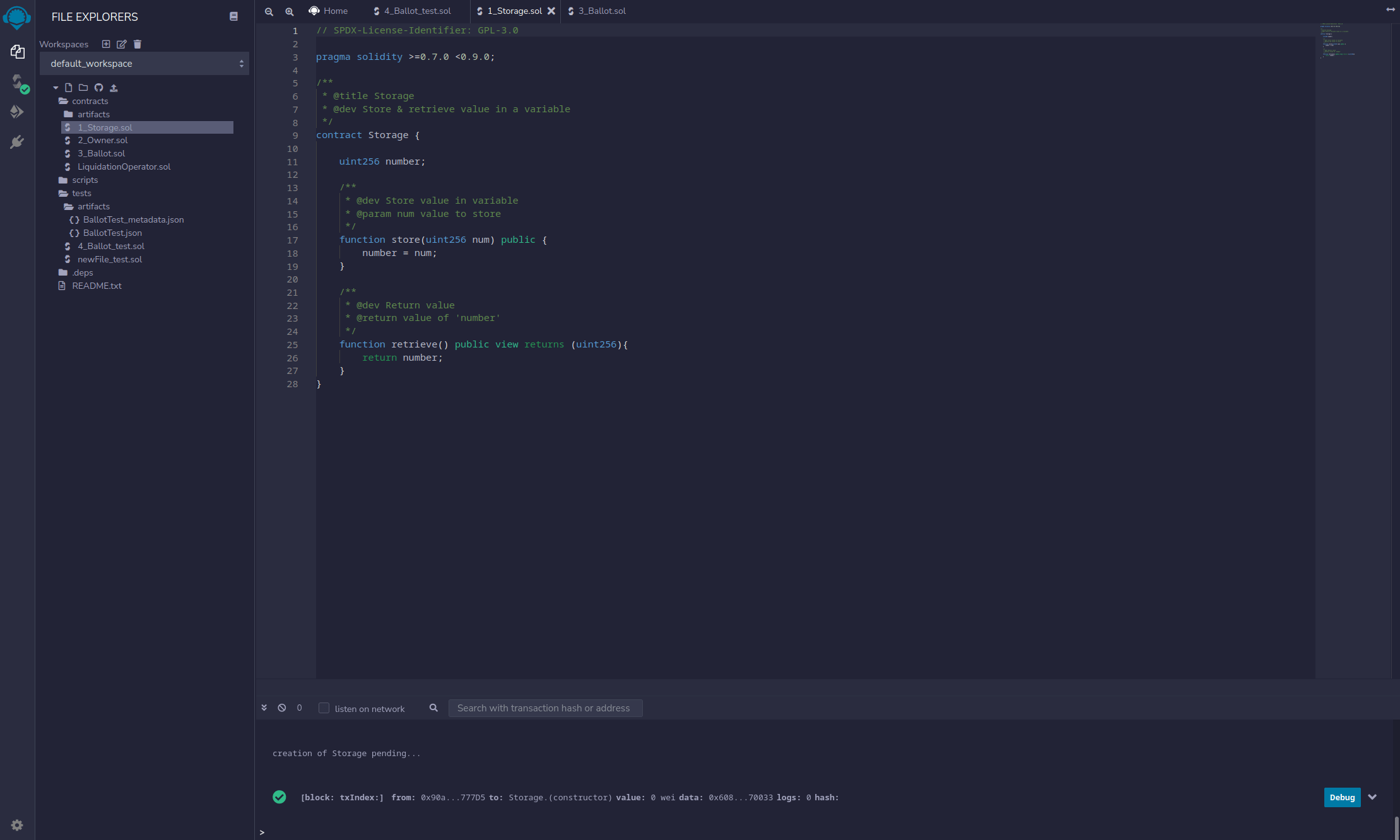 The initial example project in Remix - Ethereum IDE