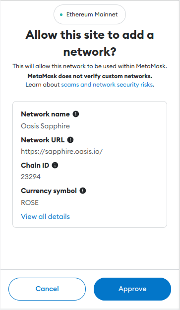Metamask - Adding Sapphire Mainnet Network Configuration